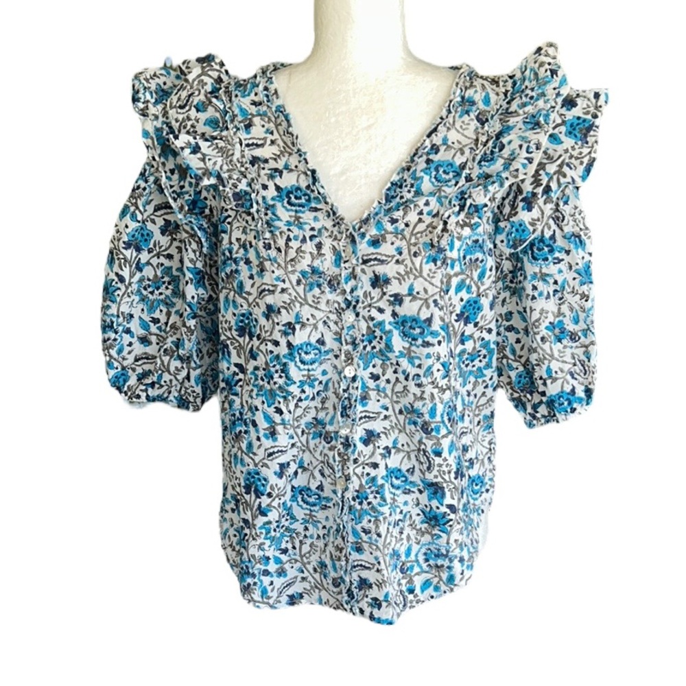 Mare Sole Amore Blue Floral Print Ruffle Puff Sleeve V-Neck Blouse - M